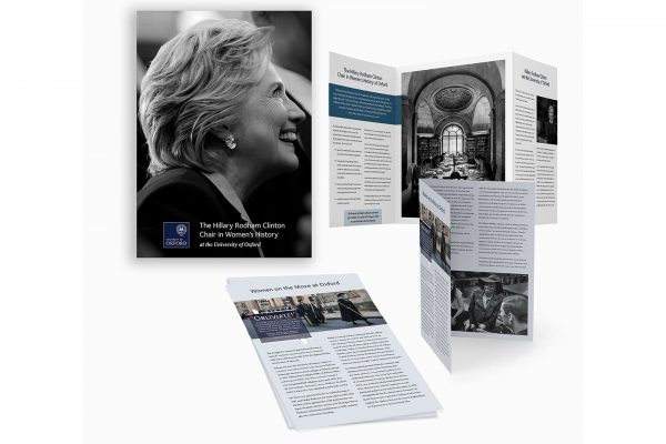 Brochure featuring the Hillary Rodham Clinton Chair in Women's History at the University of Oxford, highlighting text and images in a beautifully crafted folded brochure design.