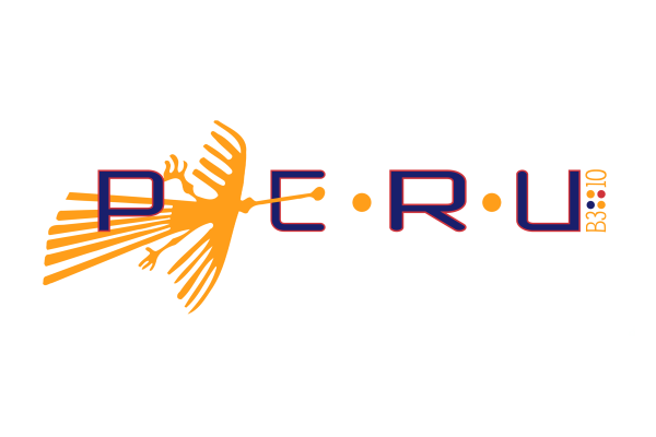 Logo design for Peru featuring an orange stylized bird and the word "PERU" in blue, with "B33:10" in small text to the right.