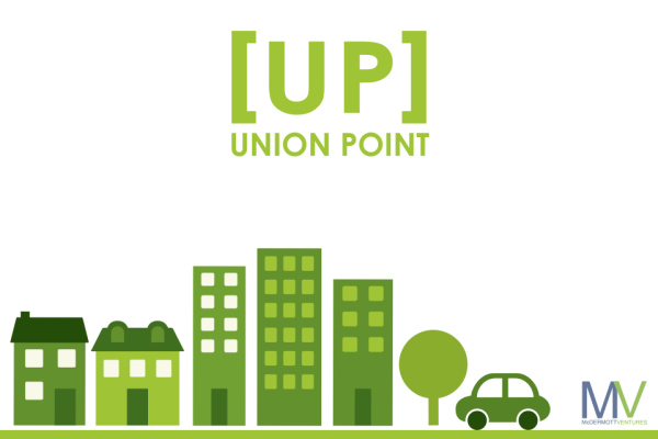 Image showing a logo for Union Point [UP] in green text, above a row of green buildings and a car, with the initials MV and the name MISCROFTVENTURES in the bottom-right corner. A great piece for any brand designer looking to showcase effective presentation design principles.
