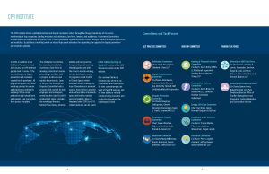 A blue infographic showcases the CPR Institute's committees, task forces, and 2021 initiatives. Featuring a world map and bulleted text, this visual storytelling piece details organizational elements and highlights key impacts in their annual reports.