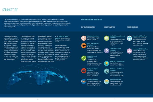 A blue infographic showcases the CPR Institute's committees, task forces, and 2021 initiatives. Featuring a world map and bulleted text, this visual storytelling piece details organizational elements and highlights key impacts in their annual reports.