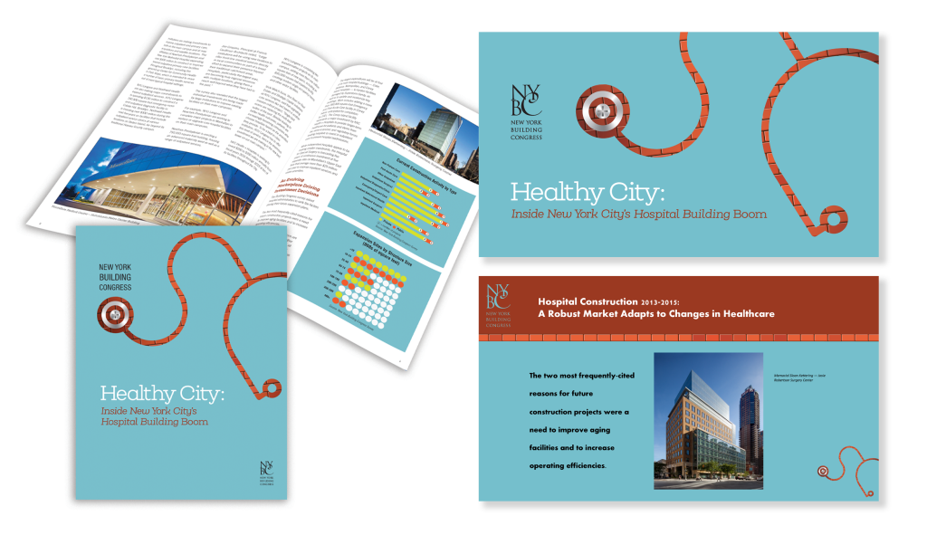 Introducing a promotional set for "Healthy City," featuring brochures and a booklet on hospital construction and healthcare changes in New York City. It includes compelling strategic data visualization, with images of buildings and graphs that bring the city’s health evolution to life.