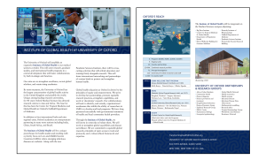 A two-page brochure, designed in a One-Pager Sales format, describes the Institute of Global Health at Oxford—featuring a lab researcher, world map, research partners, building rendering, and program details.