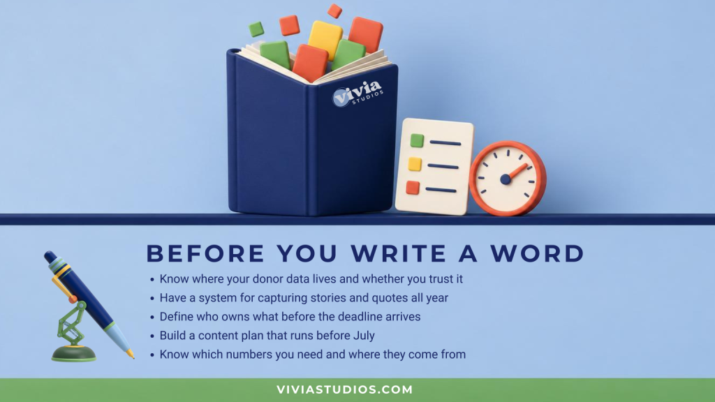 A blue book with colorful cubes, a checklist, and a clock illustrates tips for planning donor communications before writing content—ideal for mastering Nonprofit Annual Report strategies.