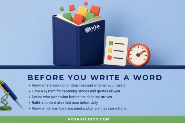 A blue book with colorful cubes, a checklist, and a clock illustrates tips for planning donor communications before writing content—ideal for mastering Nonprofit Annual Report strategies.