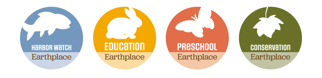 Four circular icons reflect our nonprofit brand refresh: Harbor Watch with a fish, Education with a rabbit, Preschool with a butterfly, and Conservation with a leaf—capturing the spirit of Earthplace programs.
