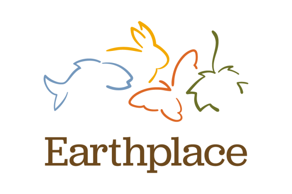Logo with outlines of a fish, rabbit, butterfly, and leaf above the word "Earthplace" in brown text on a white background, reflecting a recent nonprofit brand refresh.