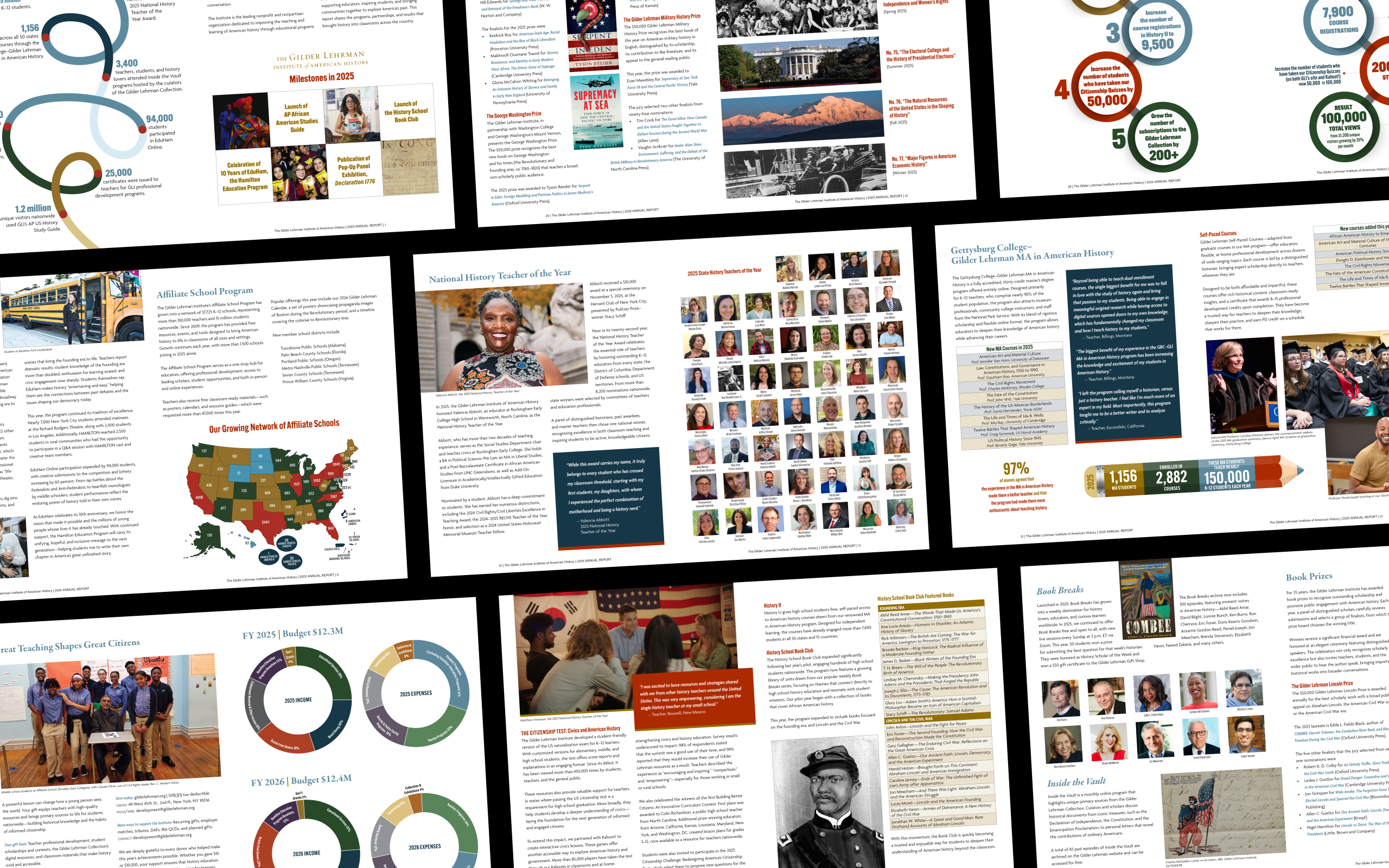 A collage of colorful magazine or redesigned annual report pages featuring text, charts, maps, and numerous small photos of people arranged in rows, capturing dynamic storytelling and highlighting students throughout.