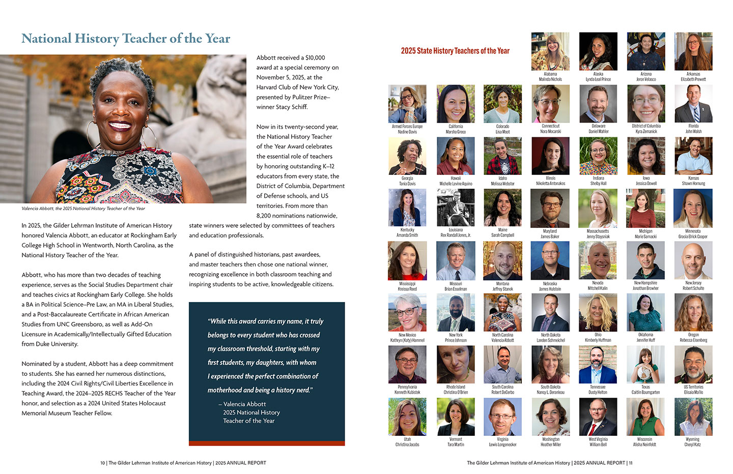 Collage showing the 2023 National History Teacher of the Year with a portrait and bio on the left, and headshots of 52 State History Teachers of the Year on the right, highlighting their student-centered approaches.