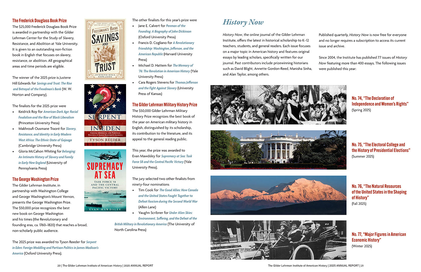 A redesigned magazine page lists book prizes with covers, finalist titles, brief descriptions, and highlights episodes from a history series with related historical photos—making it an engaging resource for students interested in literary and historical achievements.