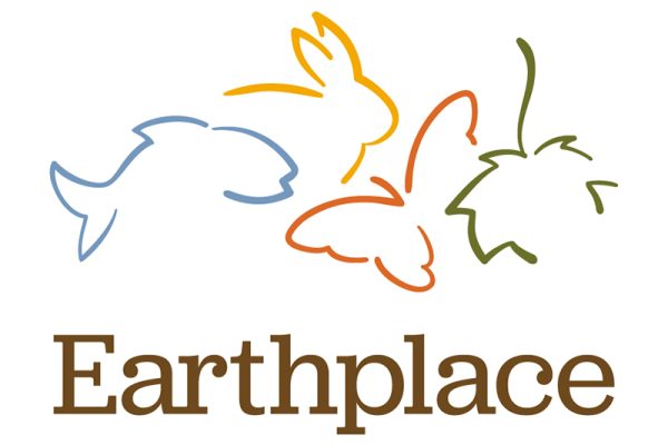Line drawings of a fish, rabbit, butterfly, and leaf appear above the word “Earthplace” in brown serif font on a white background, reflecting a thoughtful nonprofit brand refresh.