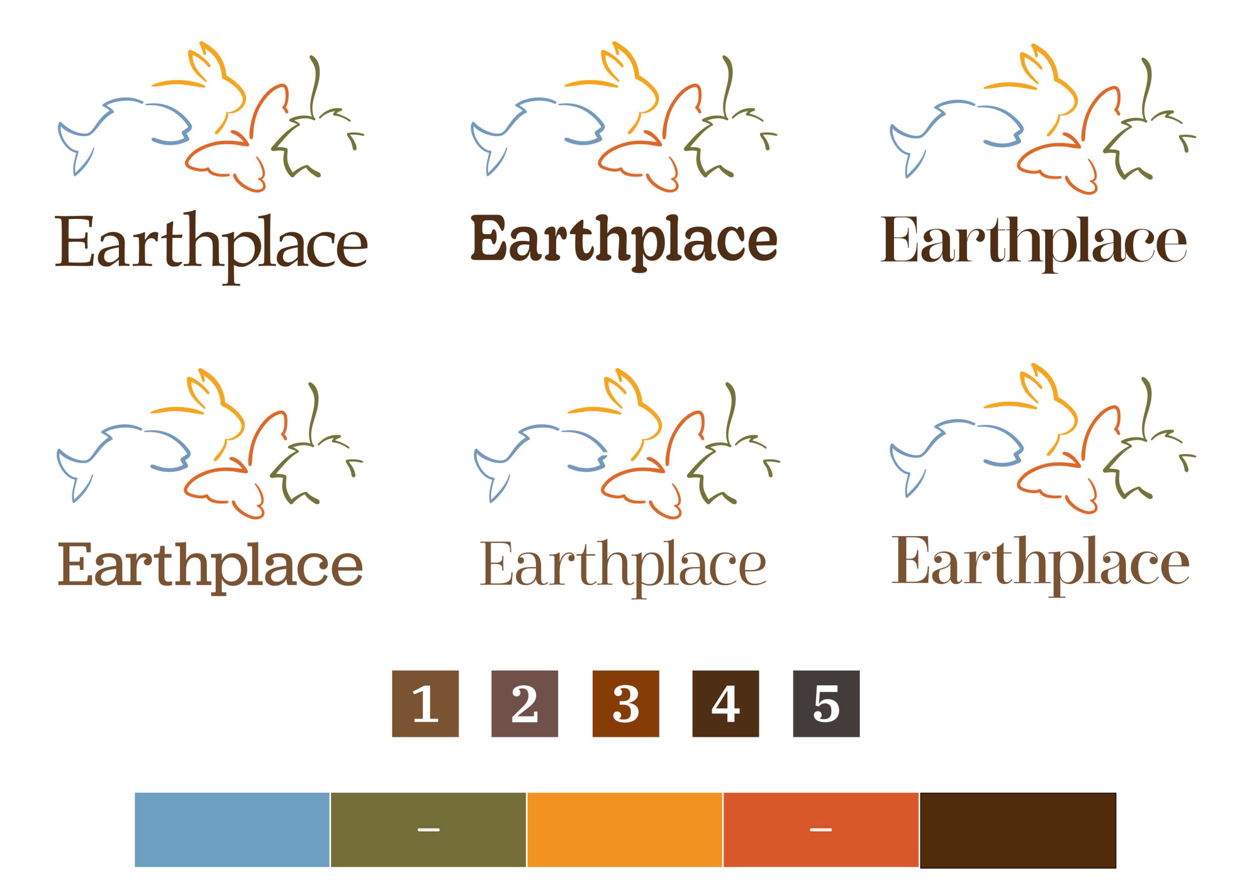 Six Earthplace logo designs with abstract animal outlines in blue, orange, and green, created as part of a nonprofit brand refresh. Five color swatches are shown below the logos in blue, tan, orange, brown, and olive green.