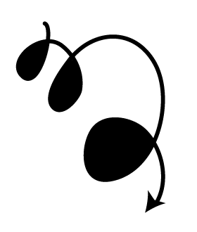 Black abstract shape with three teardrop-like forms connected by curved lines, one ending with an arrow pointing downward, on a light background—a dynamic visual that evokes storytelling and engages students in creative interpretation.