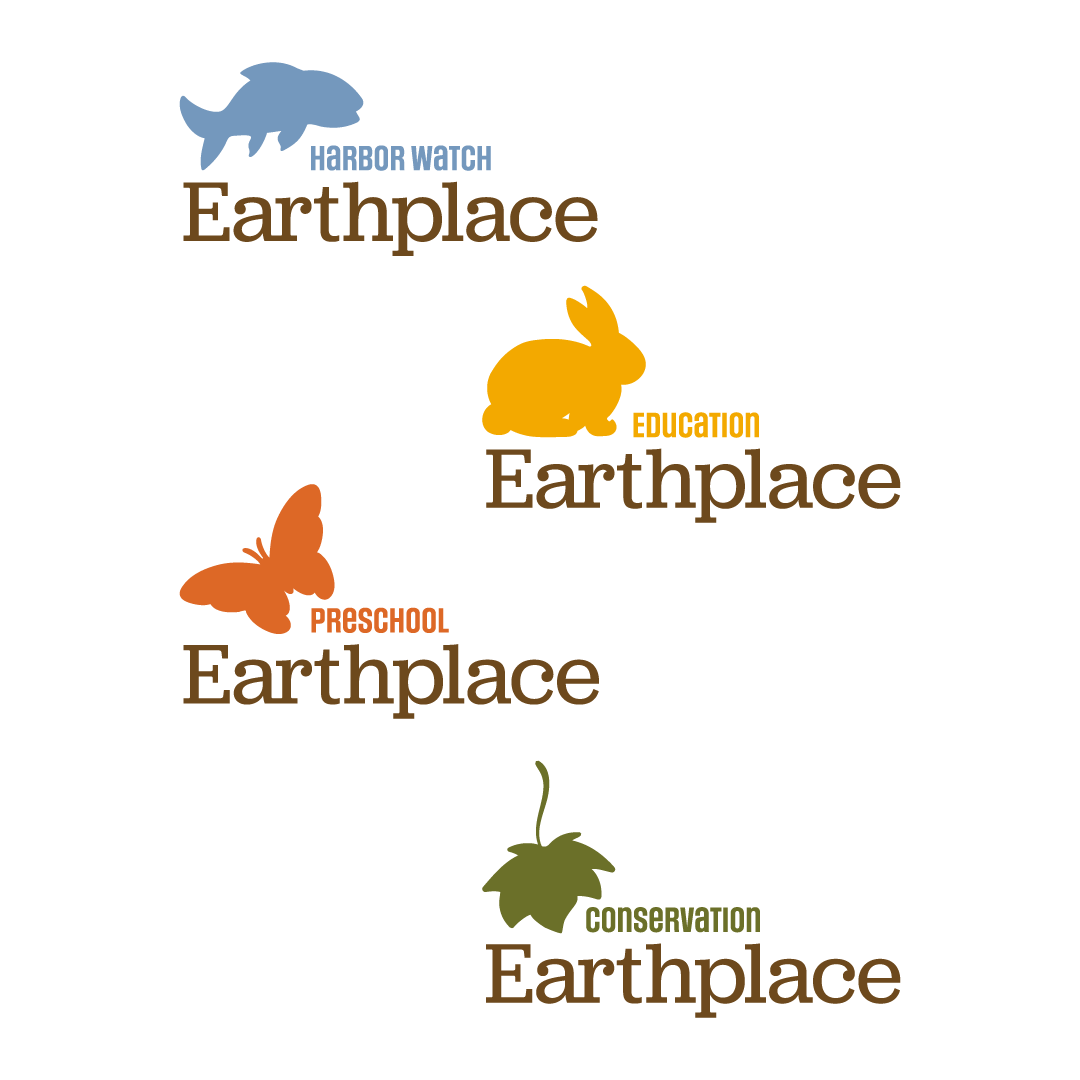 Four Earthplace program logos—Harbor Watch with a blue fish, Education with an orange rabbit, Preschool with an orange butterfly, and Conservation with a green leaf—highlight the recognizable nature center identity and commitment to brand evolution.